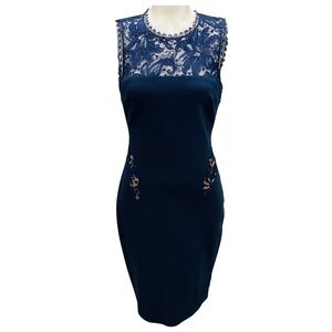EMILIO PUCCI NAVY BLUE LACE TRIMMED SLEEVELESS FITTED KNIT COCKTAIL DRESS